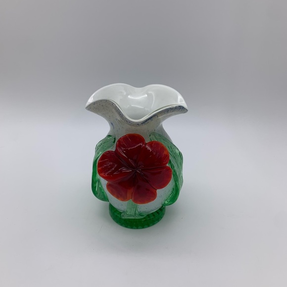 CELEBRATIONS Vtg. Handcrafted Seed Glass Speckled Vase 6” With 3-D Poppy Flower - Picture 12 of 12